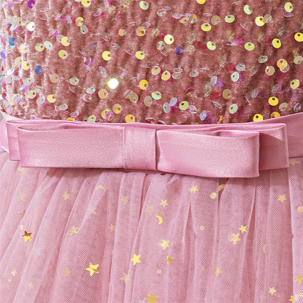 Girls Sequin Mesh Ball Gown – Bow Detail Party Dress, Ages 8–12