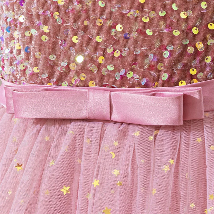 Girls Sequin Mesh Ball Gown – Bow Detail Party Dress, Ages 8–12
