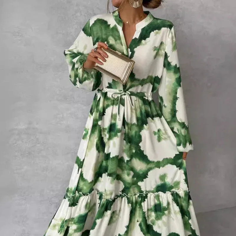 Ladies Fashion Printed V-neck Office Dress-Dresses-Bennys Beauty World