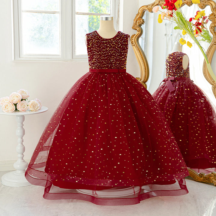 Girls Sequin Mesh Ball Gown – Bow Detail Party Dress, Ages 8–12