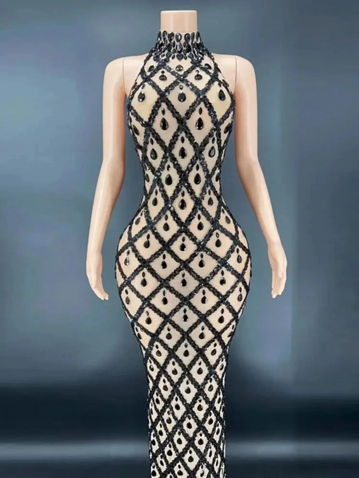 2024 Fashion Celebrity Evening Cocktail Party Maxi Dress Women's High Collar Sleeveless Bodyco Shiny Beaded Design Long Dresses-Bennys Beauty World