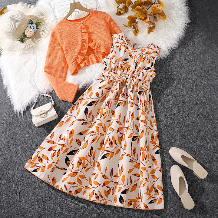 Girls Floral Dress &amp; Long-Sleeve Top Set | Vacation 2-Piece Outfit | Ages 8–12