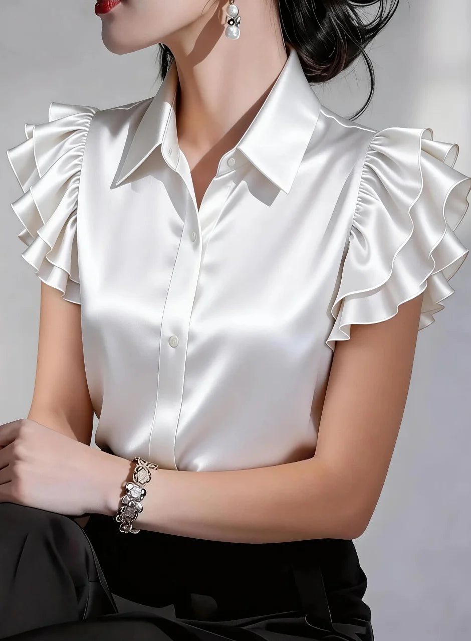 Women's Satin Button-Down Blouse – Ruffle Sleeve Collared Office Shirt