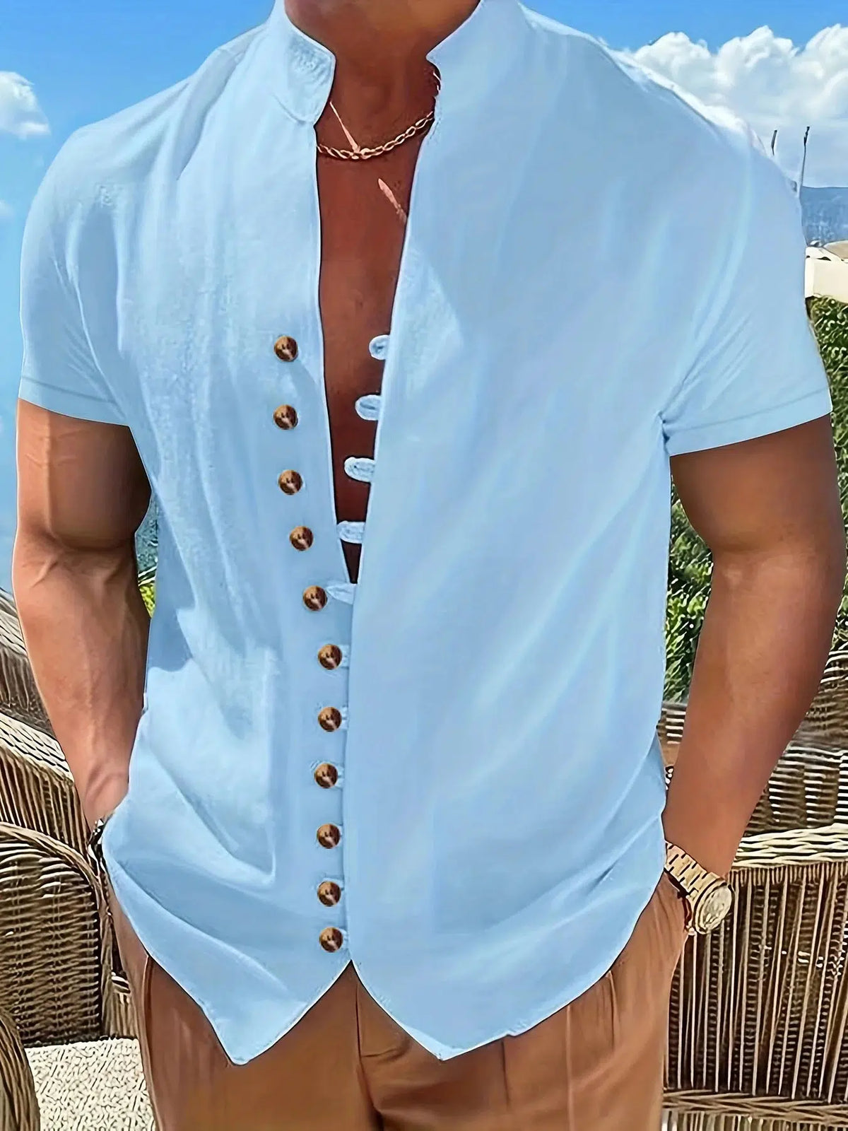 Summer casual short-sleeved shirt men's cotton solid color shirt-shirt-Bennys Beauty World
