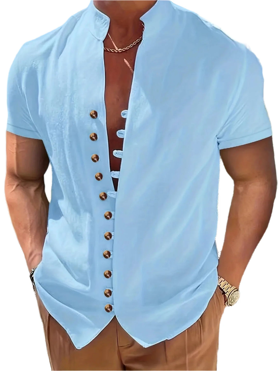 Summer casual short-sleeved shirt men's cotton solid color shirt-shirt-Bennys Beauty World