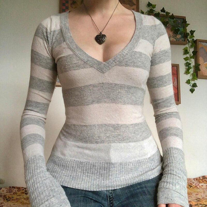 Vintage Knitted Sweater Cutest V Neck Long Sleeve Stripe Jumper-blouse-Bennys Beauty World