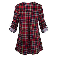 Womens Casual Rolled Sleeve Blouse Sexy Zipped V-neck Plaid Tunic Tops Spring Autumn 2022 Fashion Blouses And Shirts Chemise-Bennys Beauty World