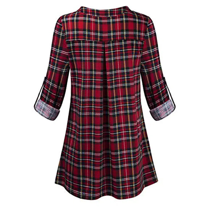 Womens Casual Rolled Sleeve Blouse Sexy Zipped V-neck Plaid Tunic Tops Spring Autumn 2022 Fashion Blouses And Shirts Chemise-Bennys Beauty World