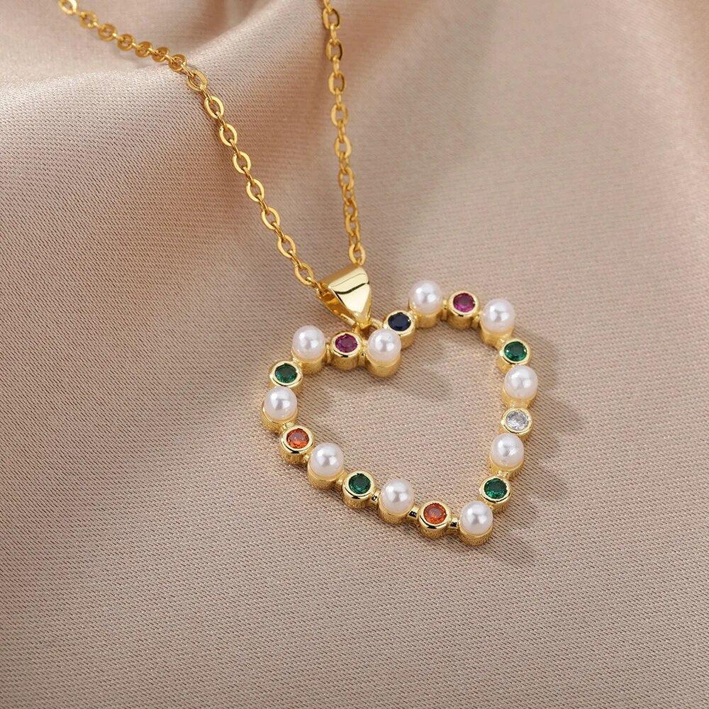 Hollow Out Peral Heart Necklace For Mother Kids Stainless Steel Chain Zircon Heart Pendant Necklace Elegant Mother&#39;s Day Jewelry-Arlik interiors