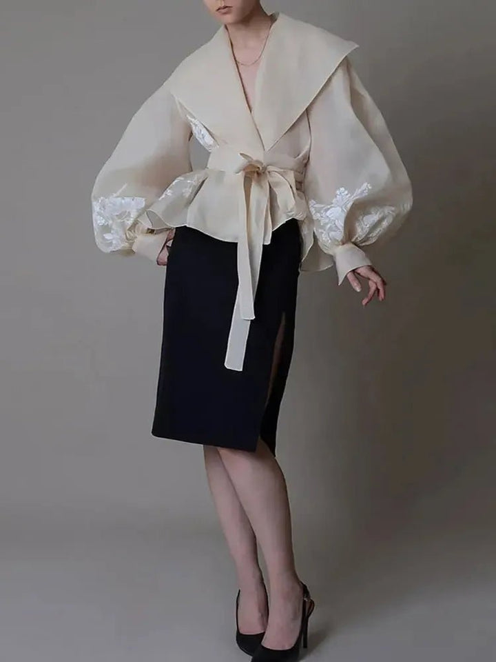 Women’s Colorblock V - Neck Lantern Sleeve Blouse – Lace - Up Patchwork Shirt - Bennys Beauty World
