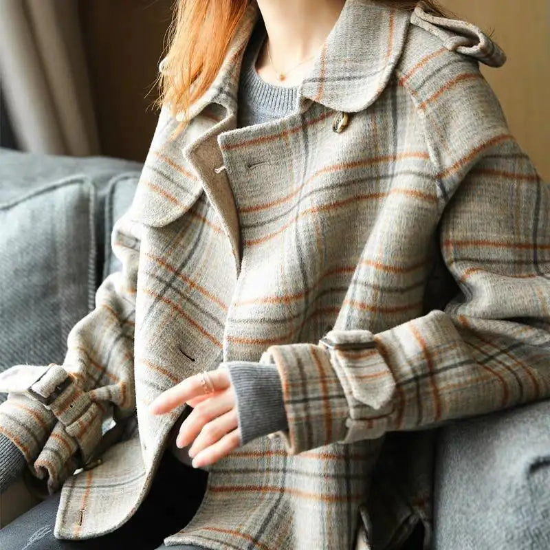 Wool Short Coats Women Jackets Blends Turn Down Collar Coat Plaid Print Y2k Streetwear Jacket Work Outerwear Autumn Winter