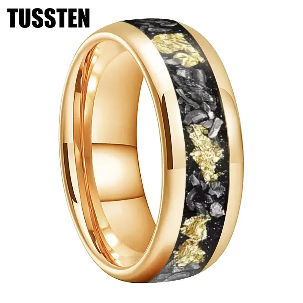 TUSSTEN Tungsten Carbide Wedding Band Ring – 4/6/8MM Dome Edge with Meteorite &amp; Gold Foil Inlay-Bennys Beauty World