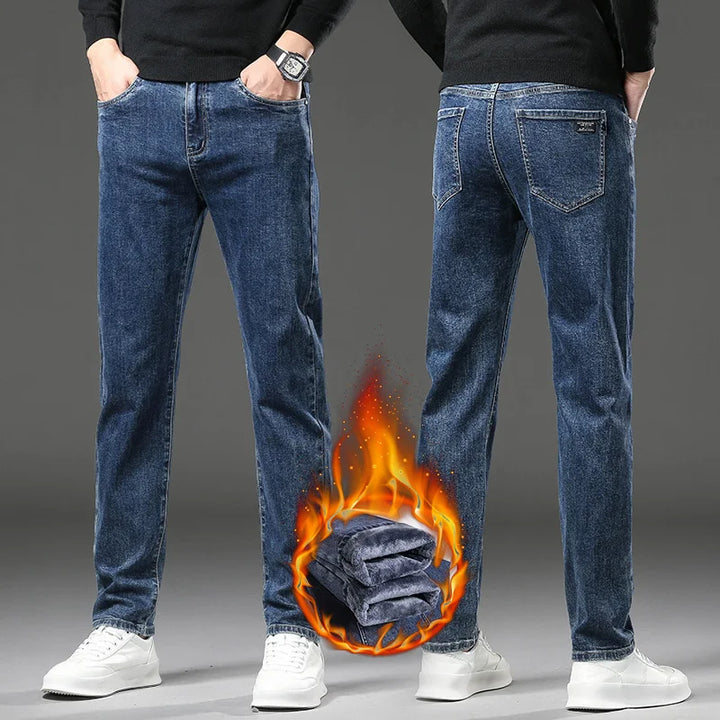 Warm Jeans Men's Slim Straight Elastic Denim Pants