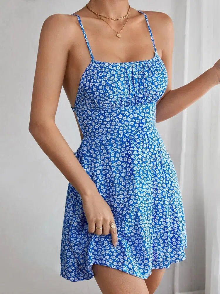 Womens Dresses Floral Backless Bandage Holiday Beach Dress