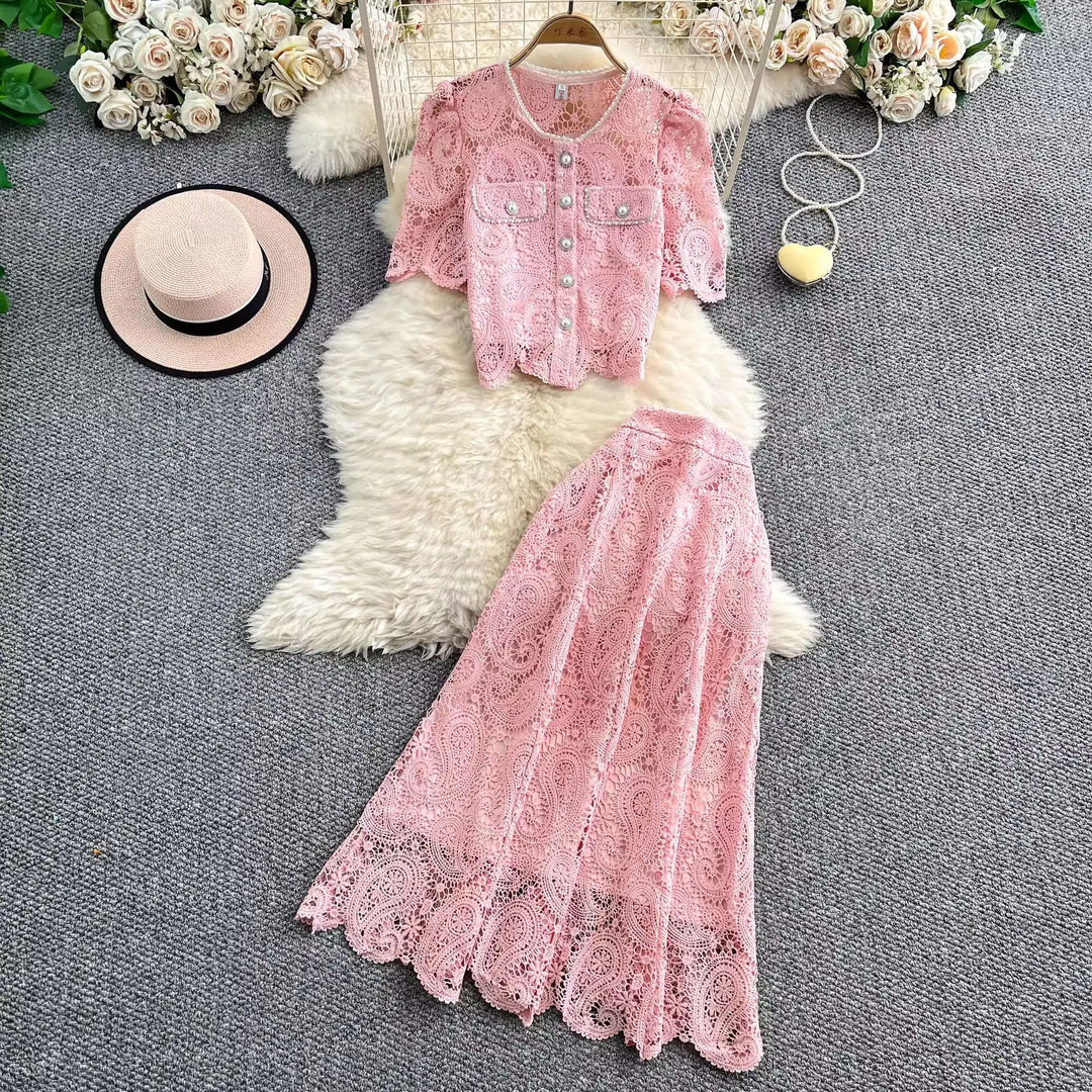 Elegant Pearl Long Dress Suits Women 2-Piece Sets