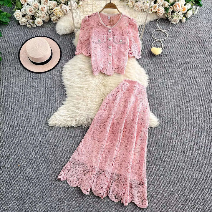 Elegant Pearl Long Dress Suits Women 2-Piece Sets