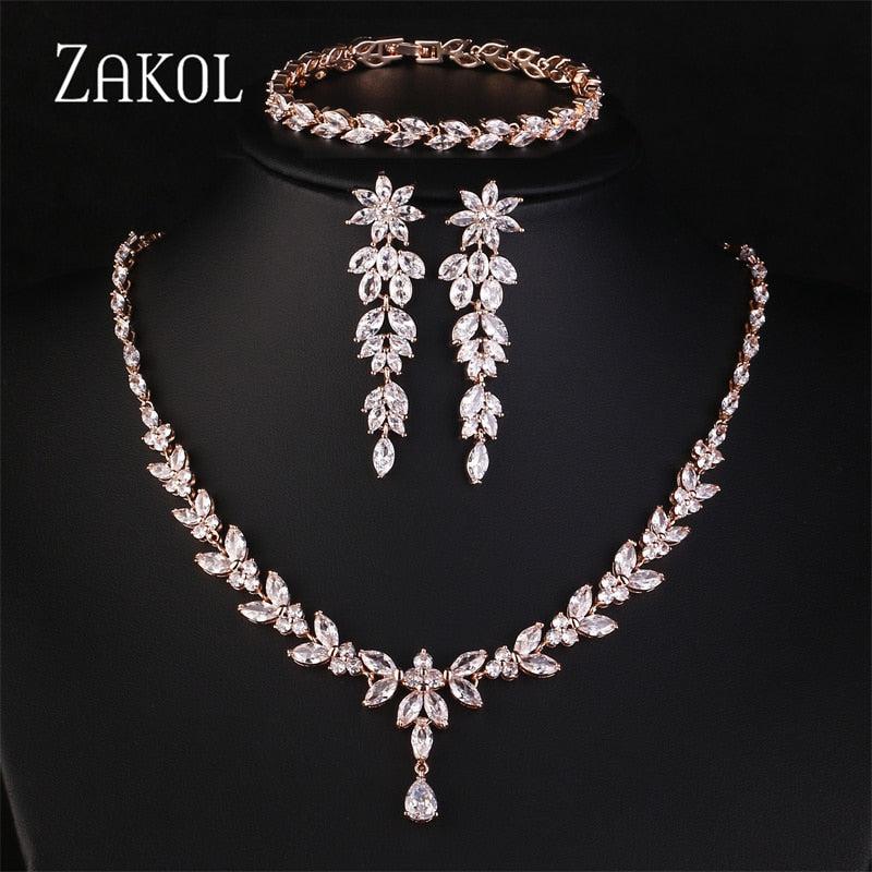 Zirconia Leaf Necklace Earrings Rings Bracelets Set for Women-necklace-Bennys Beauty World