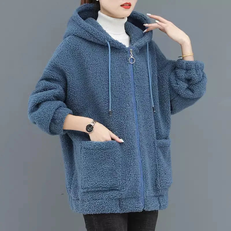 Women's Hooded Coat Chic Fleece Thick Solid Color Coat with Pockets