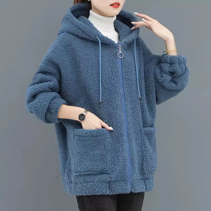 Women's Hooded Coat Chic Fleece Thick Solid Color Coat with Pockets