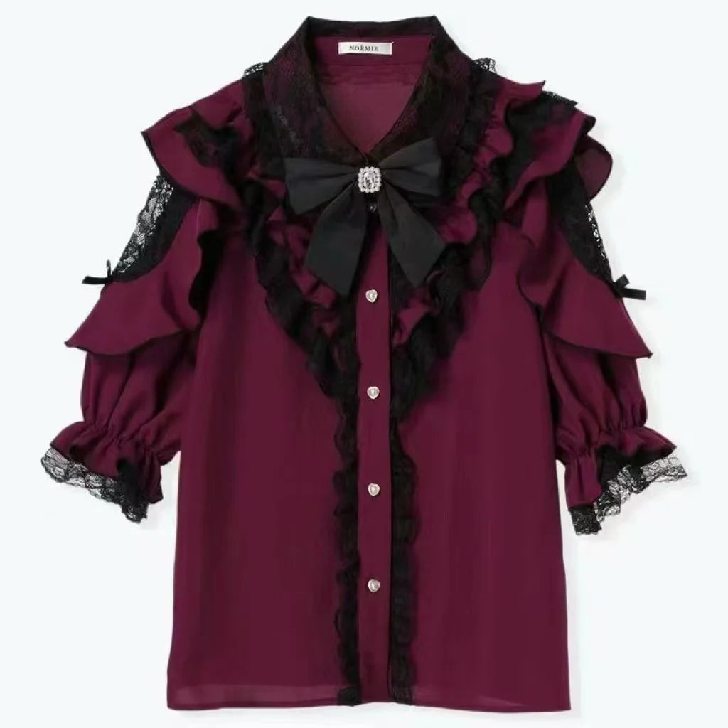 Lace Patchwork Blouse | Sweet Bow Short Sleeve Top