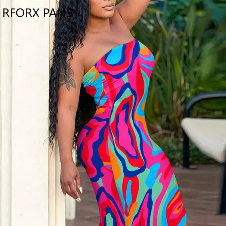 Women Maxi Strapless Off Shoulder Print Dress