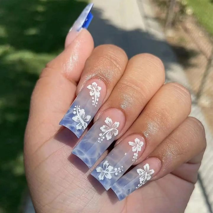 Long Coffin Press-On Nails – 24 Pcs Gradient Flower Design Reusable False Nails-Bennys Beauty World