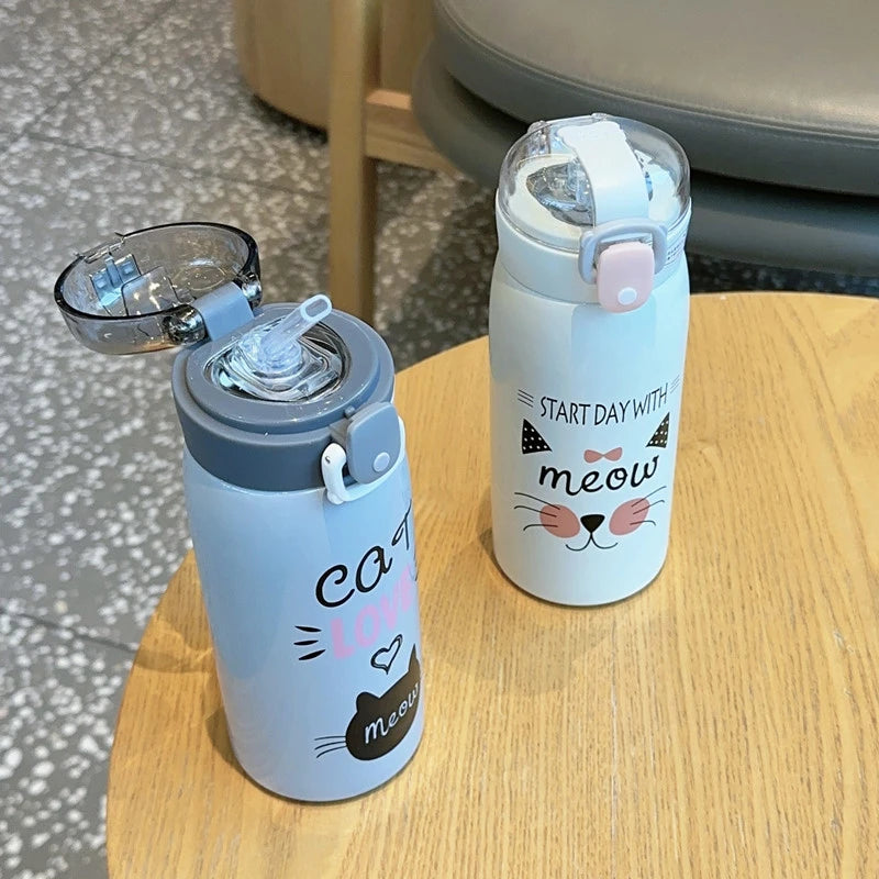 500ml Cartoon Cat Stainless Steel Thermal Flask With Straw