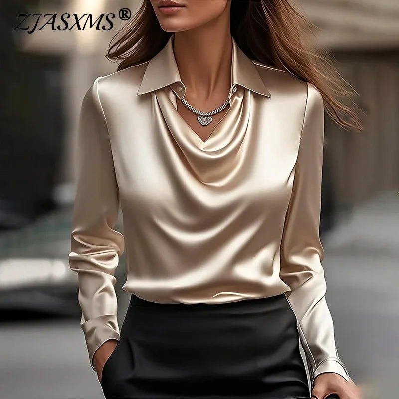Women’s Elegant Satin Draped Blouse – Long Sleeve Swing Collar-Blouse-Bennys Beauty World