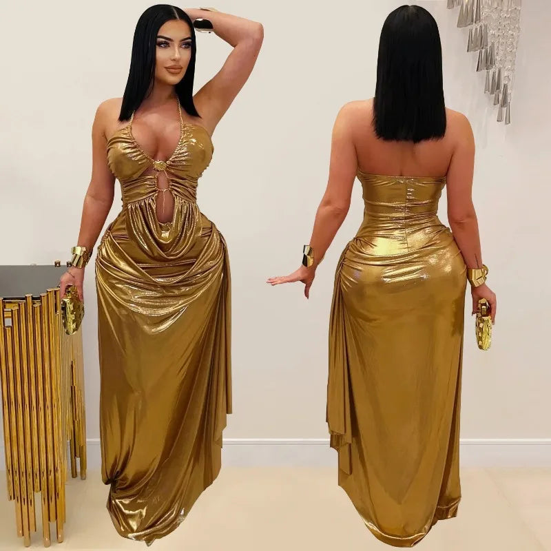 Gold Metallic Halter Backless Ruched Maxi Dress