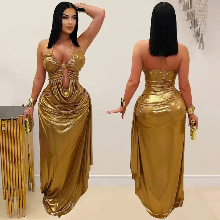 Gold Metallic Halter Backless Ruched Maxi Dress
