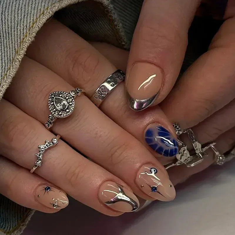 French Almond Press-On Nails – 24 Pcs Blue Star Pattern False Nails-Nails-Bennys Beauty World