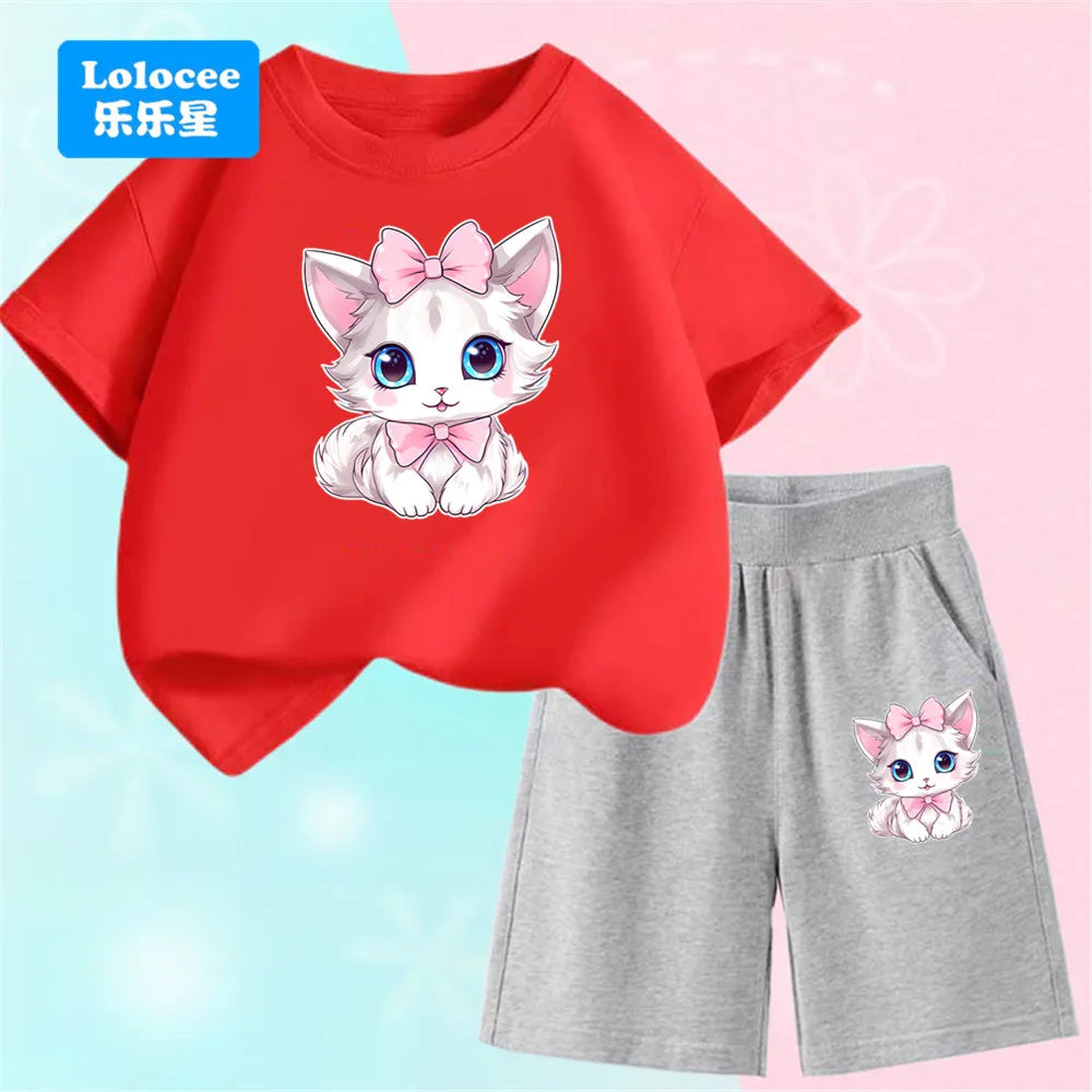 Girls Bow Cat Print T-Shirt &amp; Shorts Set | 2-Piece Summer Outfit | Ages 3–14