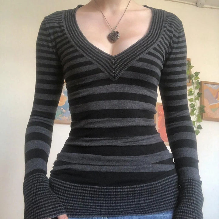 Vintage T Shirt Black Grey Striped V Neck Long Sleeve Jumper Tops