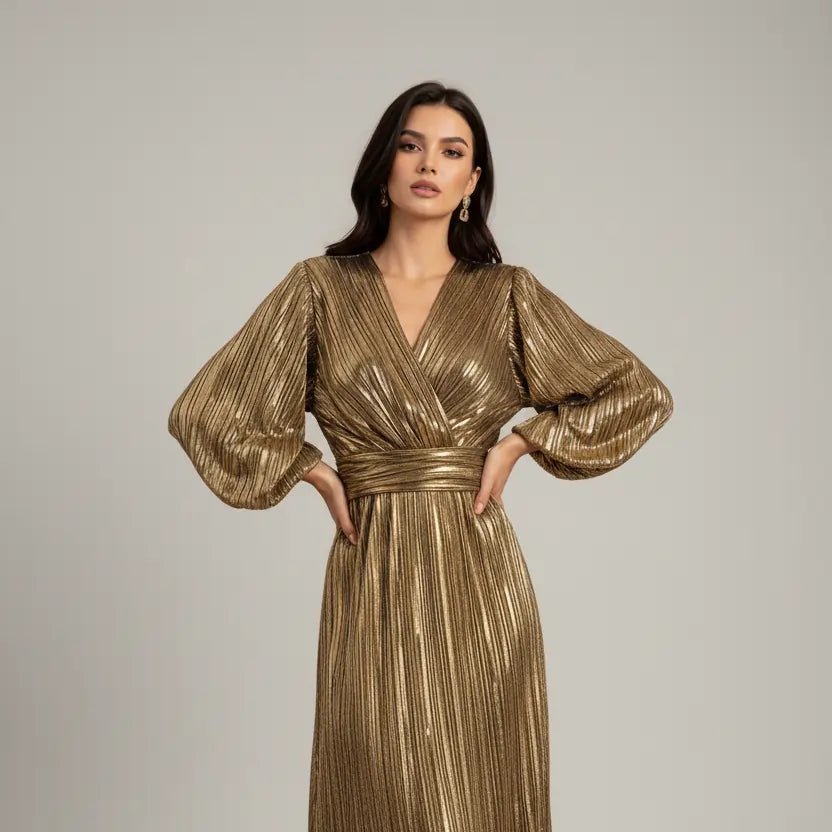 Women's Gold A - Line Midi Dress | Vintage Long Sleeve Evening Dress - Bennys Beauty World