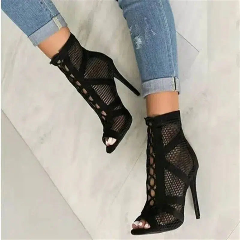 New Fashion Show Black Net Fabric Cross Strap Sexy High Heel Sandals Woman Shoes Pumps Lace-up Peep Toe Sandals Casual Mesh-Bennys Beauty World