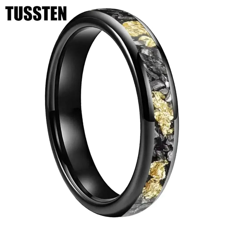 TUSSTEN Tungsten Carbide Wedding Band Ring – 4/6/8MM Dome Edge with Meteorite &amp; Gold Foil Inlay-Bennys Beauty World