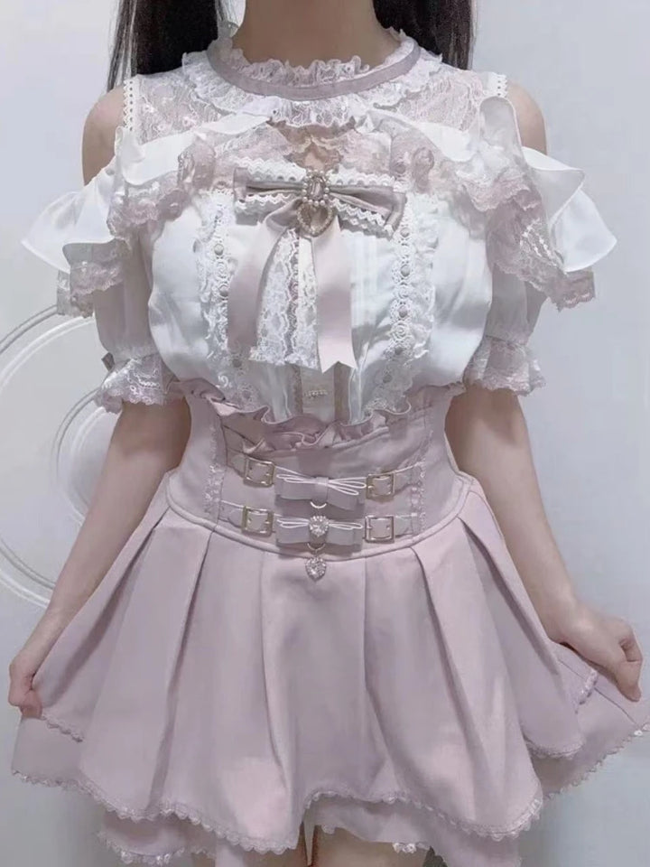 Lace Patchwork Blouse | Sweet Bow Short Sleeve Top