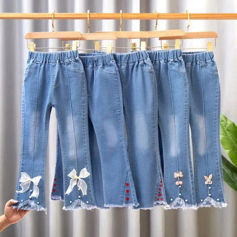 Baby Girls Jeans Casual Pants Kids Flower Bow Bell-bottoms Cowboy Jeans-Bennys Beauty World