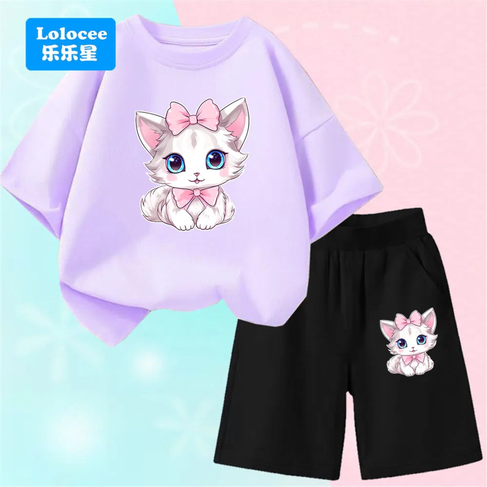 Girls Bow Cat Print T-Shirt &amp; Shorts Set | 2-Piece Summer Outfit | Ages 3–14