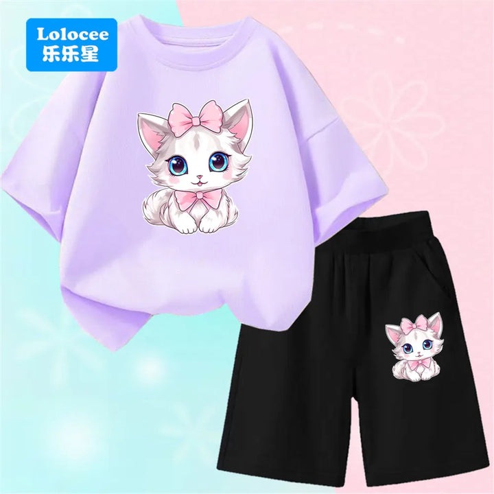 Girls Bow Cat Print T-Shirt &amp; Shorts Set | 2-Piece Summer Outfit | Ages 3–14