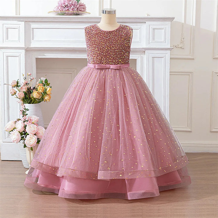 Girls Sequin Mesh Ball Gown – Bow Detail Party Dress, Ages 8–12