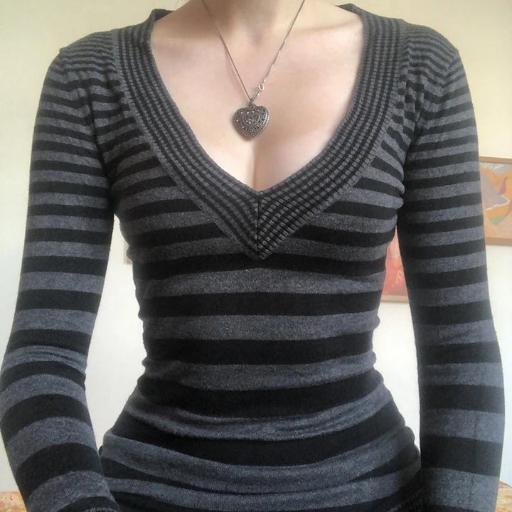 Vintage T Shirt Black Grey Striped V Neck Long Sleeve Jumper Tops