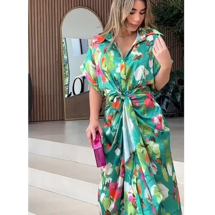 Women Dresses Short Sleeve Turn Down Collar Dress-Dresses-Bennys Beauty World
