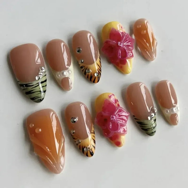 Almond Press-On Nails – 24 Pcs Flower Pattern False Nails | Bennys Beauty World-Nails-Bennys Beauty World