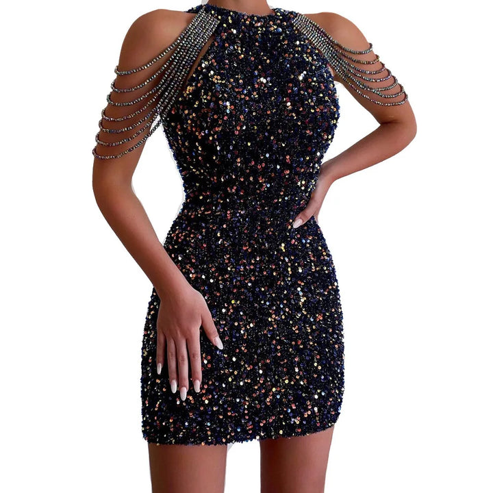 Sequin Bralette A-Line Mini Dress with Tassel Detail
