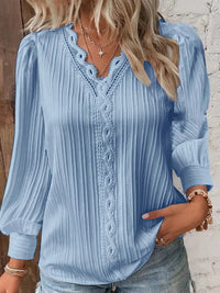 Women's Blouses Long Sleeved V-neck Lace Shirt 2023 Spring Autumn Solid Patchwork Blouse Elegant Office Lady Tops Casual Blusa-Bennys Beauty World