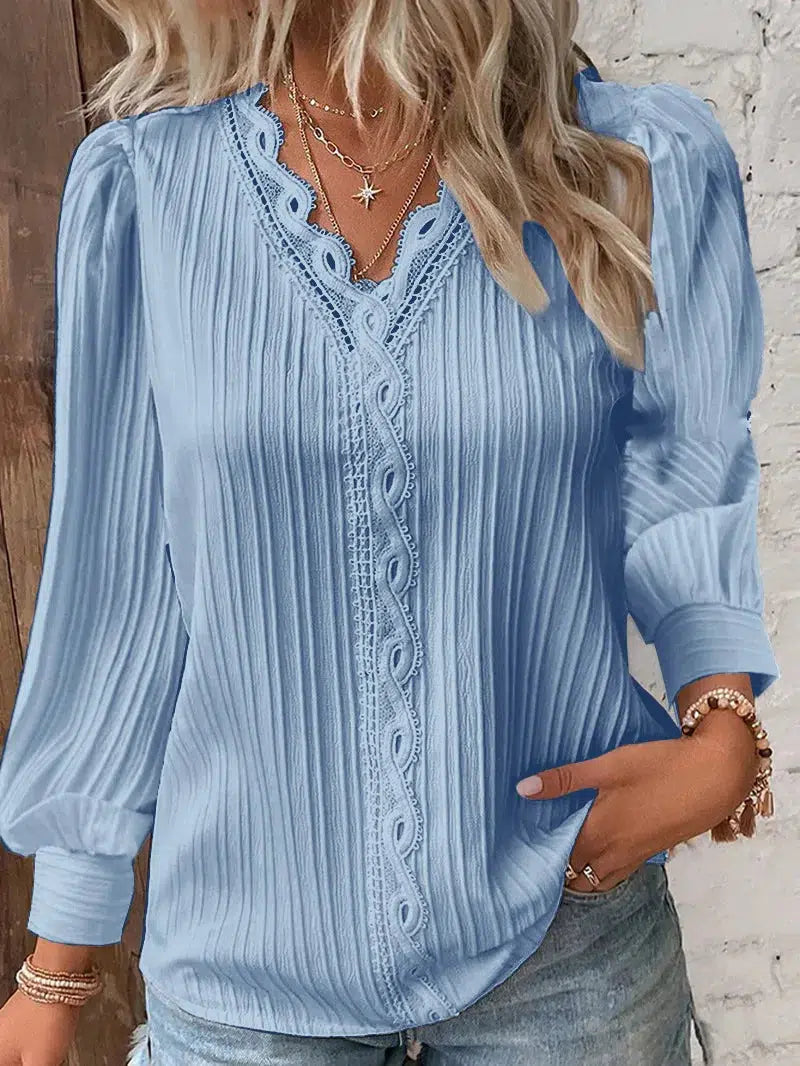 Women's Blouses Long Sleeved V-neck Lace Shirt 2023 Spring Autumn Solid Patchwork Blouse Elegant Office Lady Tops Casual Blusa-Bennys Beauty World