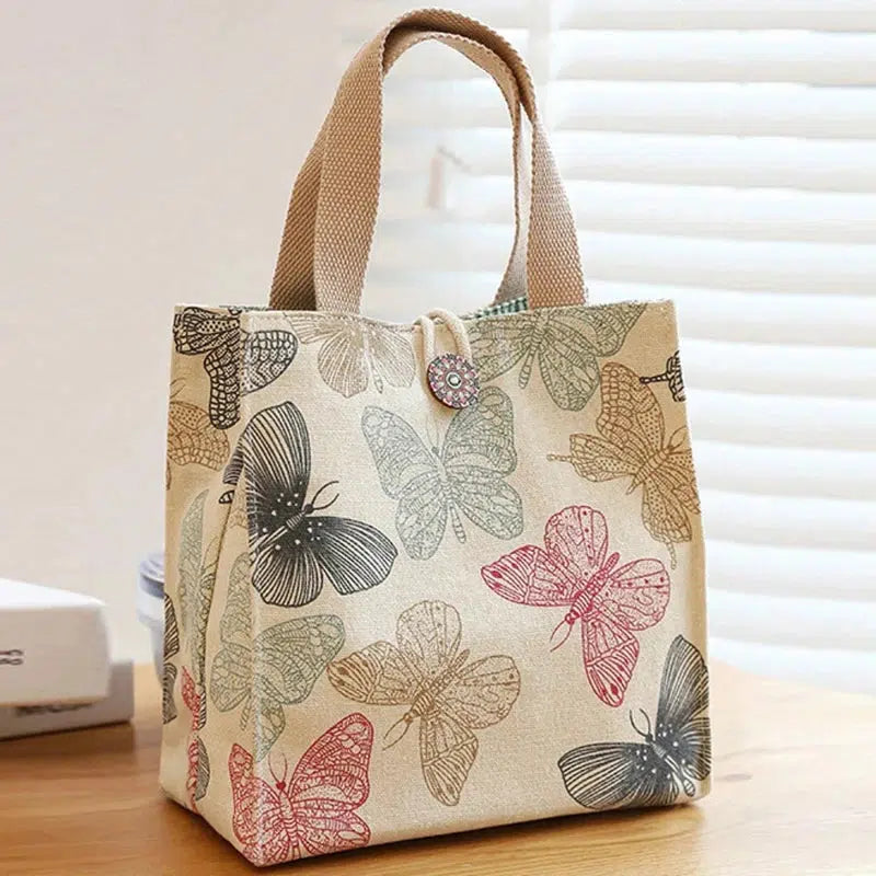 1pc Butterfly Print Thermal Food Picnic Lunch Bags Women Portable Lunch Box Insulated Canvas Lunch Bag Kids Lunch Box Tote-Bennys Beauty World