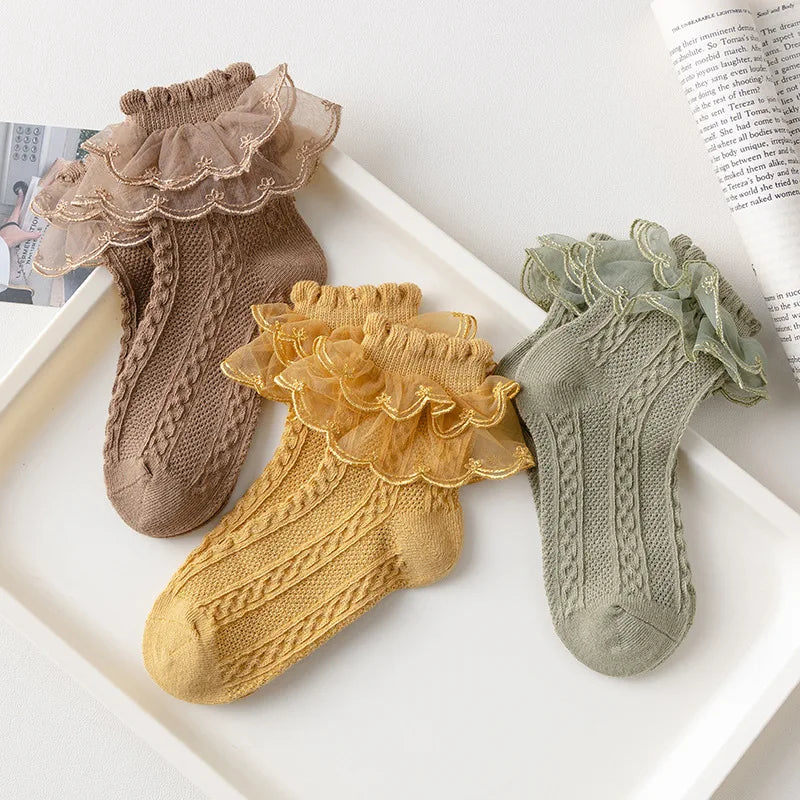 Girls Ruffle Lace Cotton Socks | 3 Pairs | Ages 1–10