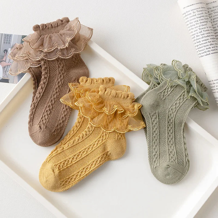 Girls Ruffle Lace Cotton Socks | 3 Pairs | Ages 1–10